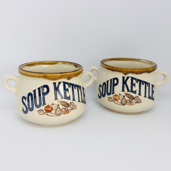 Set of 2 Vintage Style Stoneware Soup Kettle Mugs. - Picture 2 of 5
